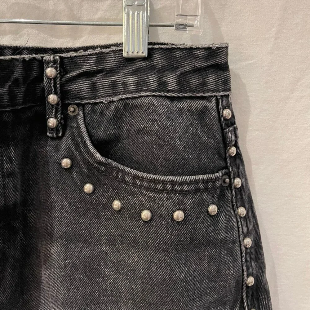 GRLFRND EVA STUDDED AND GUSSET A-FRAME BLACK DENIM MINI SKIRT, RAW EDGE, SIZE 29 - Picture 11 of 13